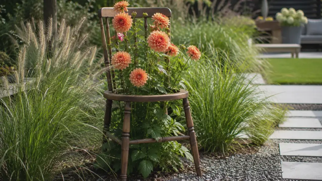 Originele plantensteun voor vaste planten: zo wordt een oude stoel de perfecte houder